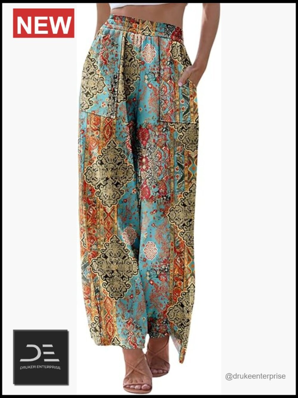 Womens Boho Wide Leg Palazzo Pants with Pockets Elastic Waist Casual Flowy